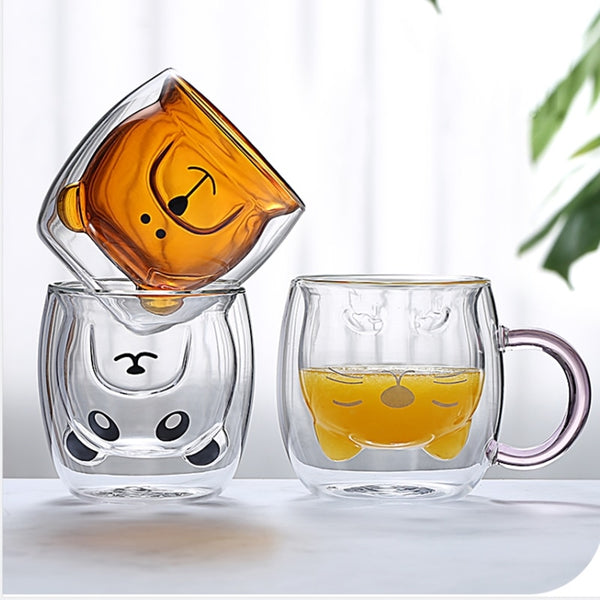 Double Wall Insulated Heat Resistant Glass Mug - Cute Animal Faces